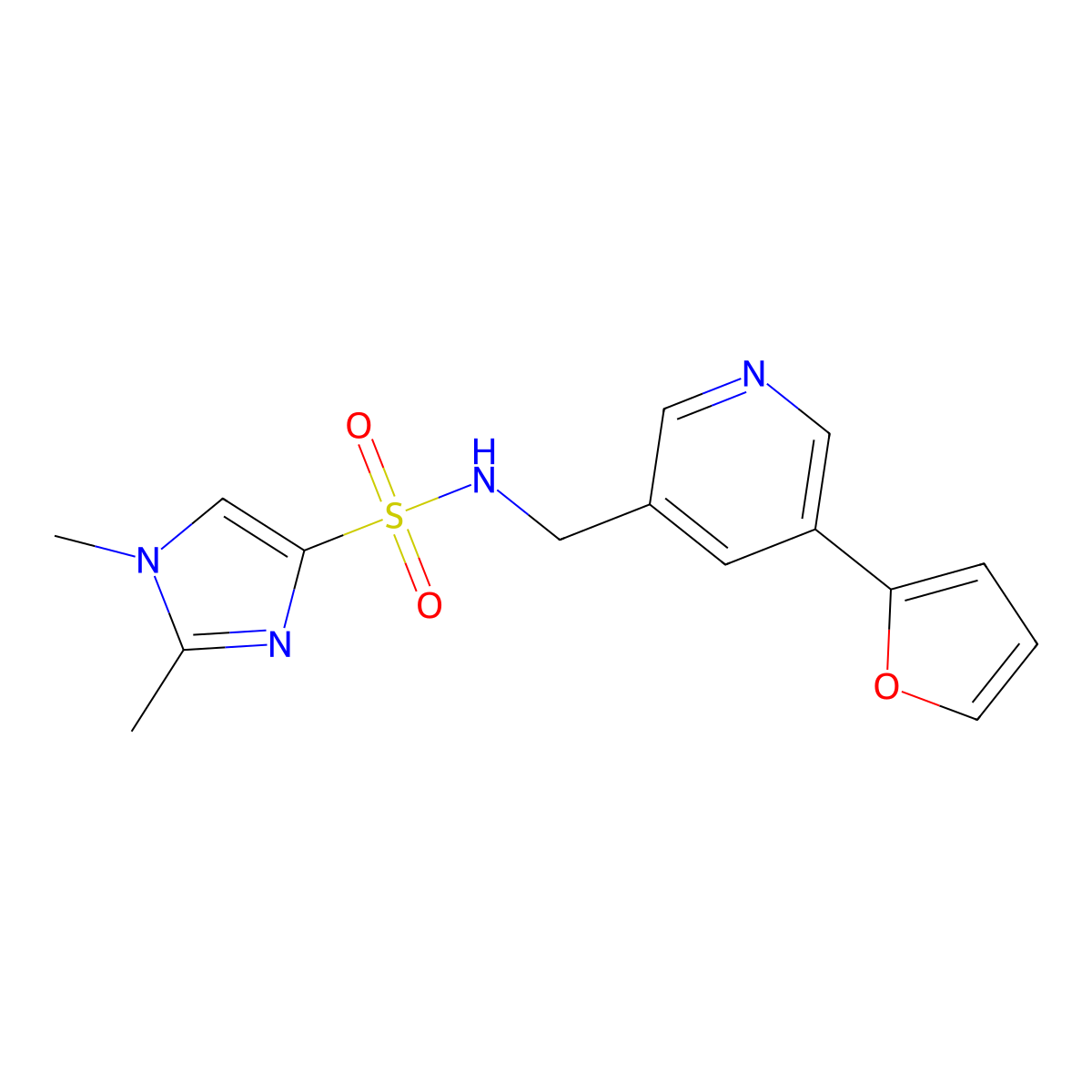 N-((5-(furan-2-yl)pyridin-3-yl)methyl)-1,2-dimethyl-1H-imidazole-4-sulfonamide molecular structure, CAS 2034386-48-4