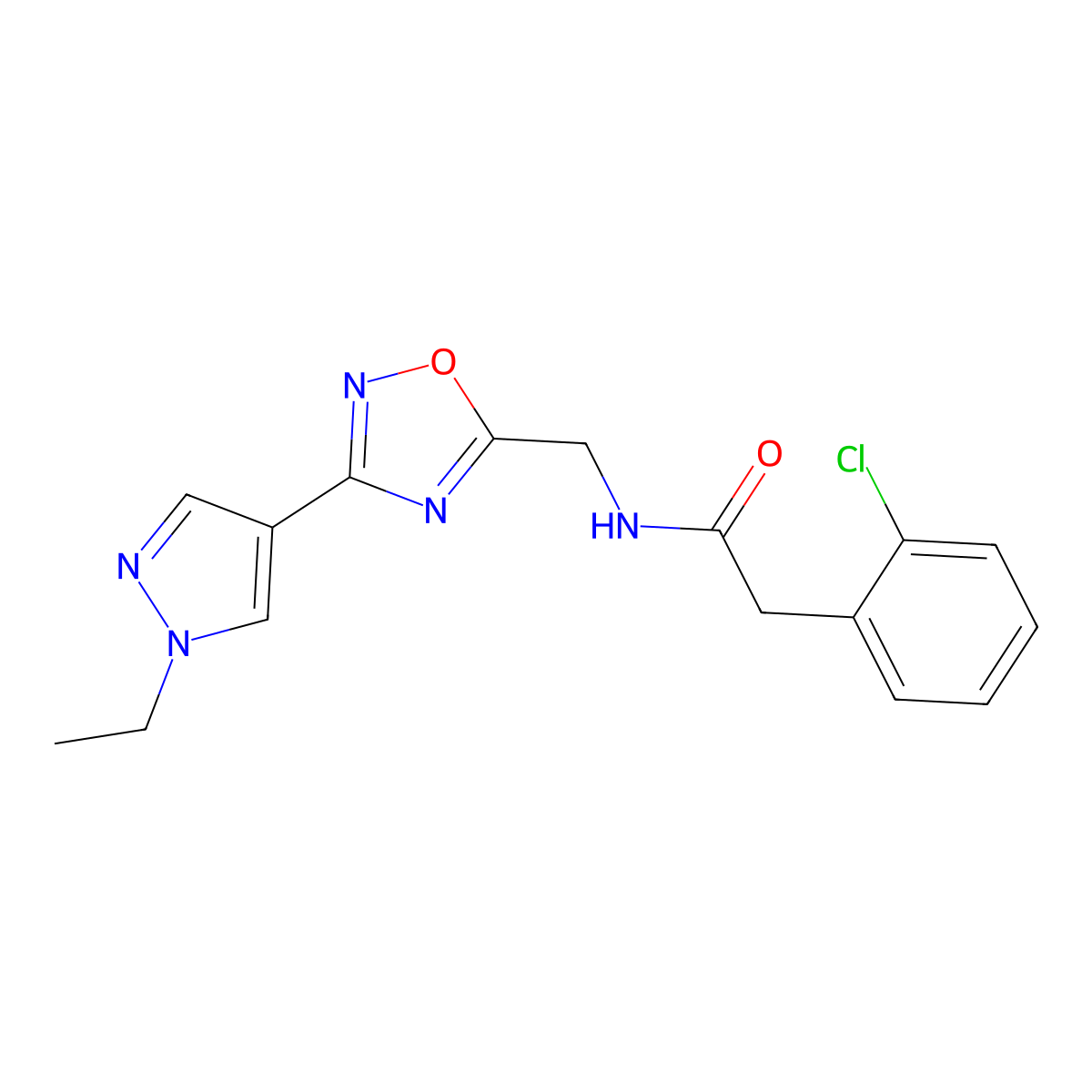 2-(2-chlorophenyl)-N-((3-(1-ethyl-1H-pyrazol-4-yl)-1,2,4-oxadiazol-5-yl)methyl)acetamide molecular structure, CAS 2034386-52-0