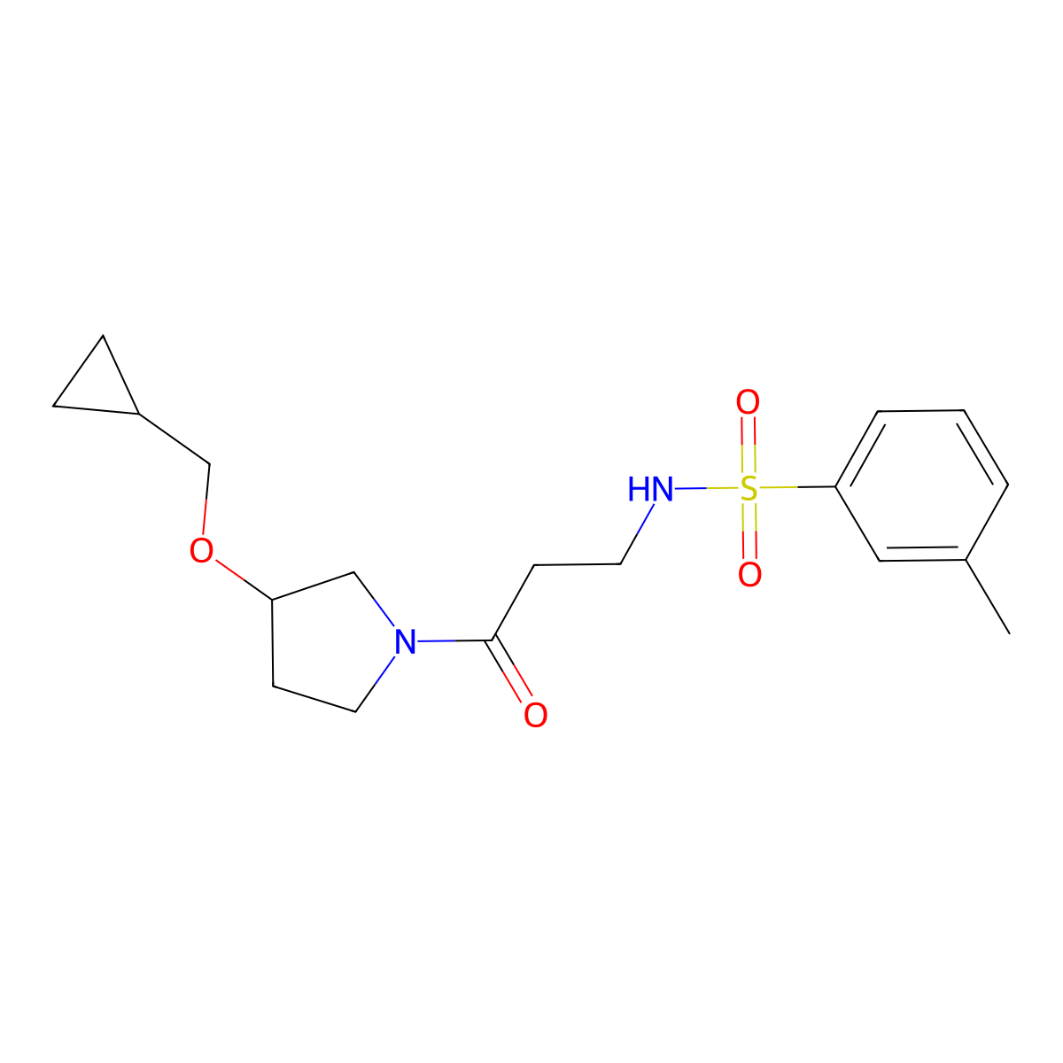 N-(3-(3-(cyclopropylmethoxy)pyrrolidin-1-yl)-3-oxopropyl)-3-methylbenzenesulfonamide molecular structure, CAS 2034386-63-3