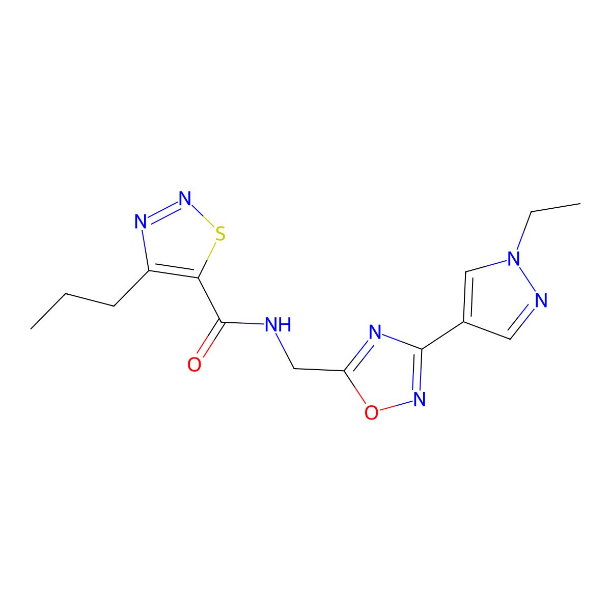 N-{[3-(1-ethyl-1H-pyrazol-4-yl)-1,2,4-oxadiazol-5-yl]methyl}-4-propyl-1,2,3-thiadiazole-5-carboxamide molecular structure, CAS 2034386-66-6
