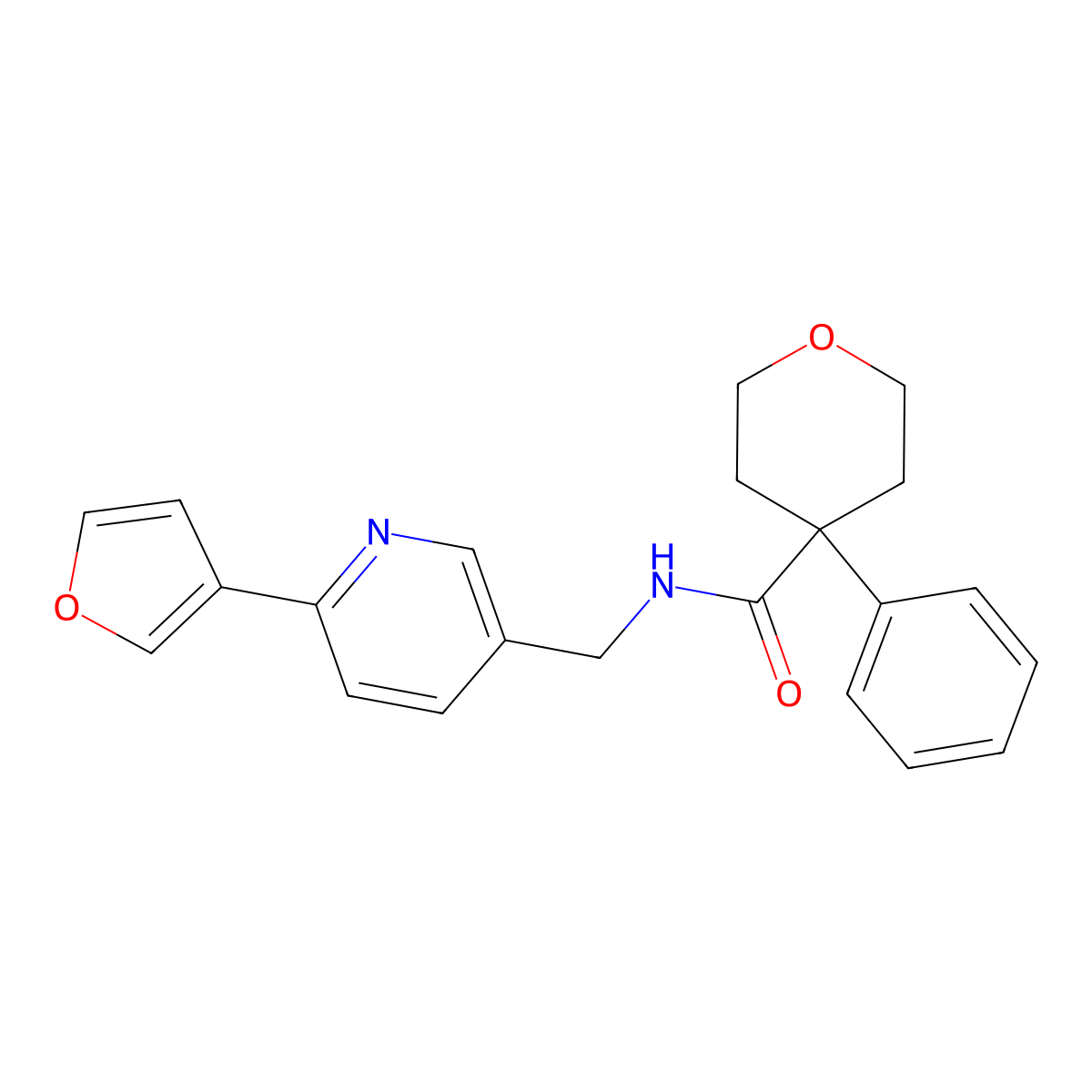 N-((6-(furan-3-yl)pyridin-3-yl)methyl)-4-phenyltetrahydro-2H-pyran-4-carboxamide molecular structure, CAS 2034386-74-6