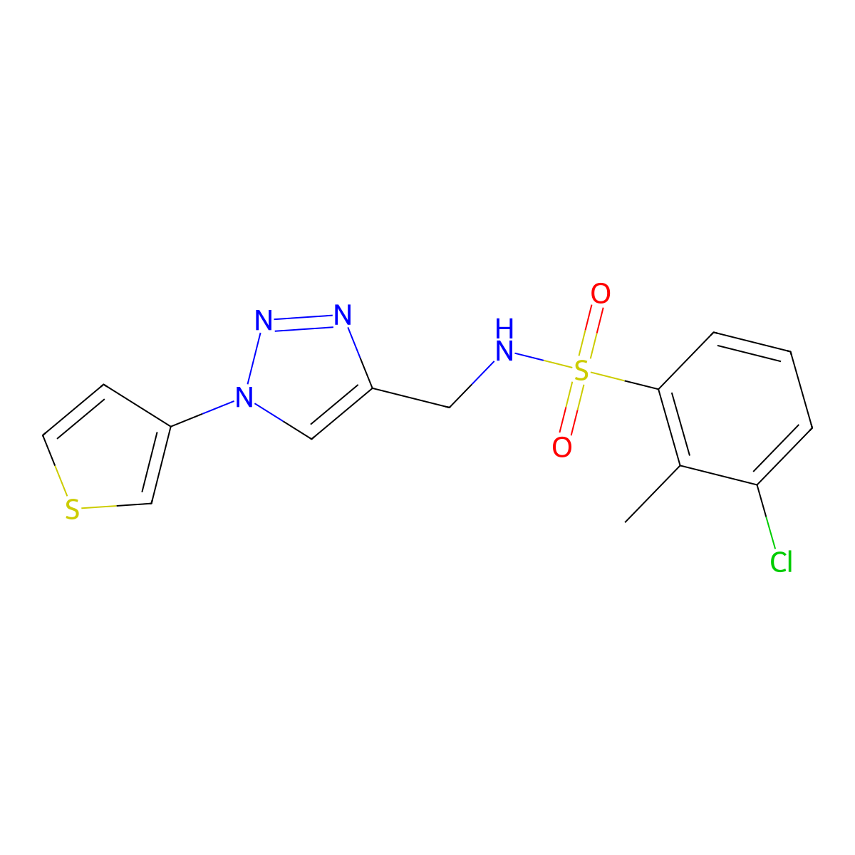 3-chloro-2-methyl-N-((1-(thiophen-3-yl)-1H-1,2,3-triazol-4-yl)methyl)benzenesulfonamide molecular structure, CAS 2034386-86-0