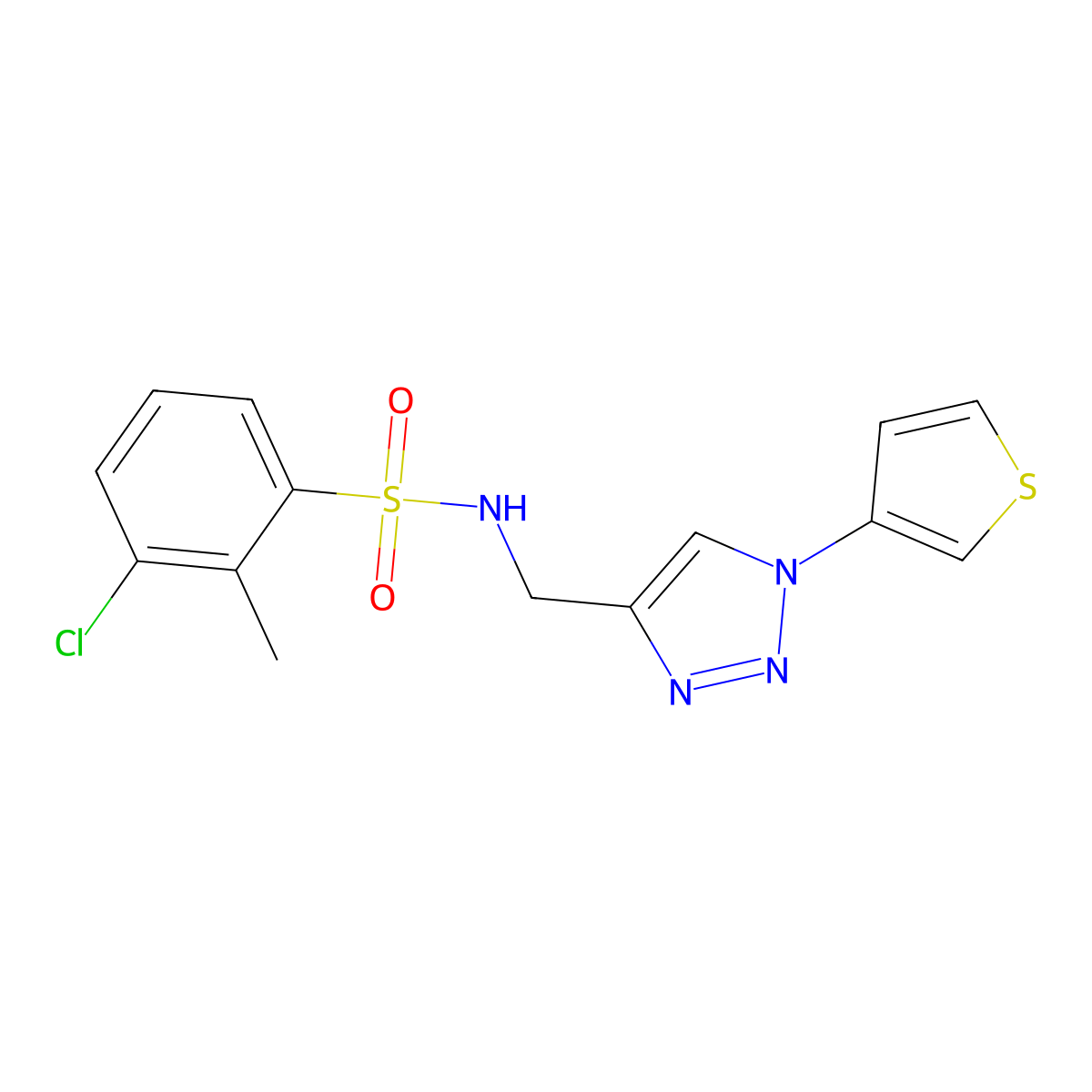 3-chloro-2-methyl-N-((1-(thiophen-3-yl)-1H-1,2,3-triazol-4-yl)methyl)benzenesulfonamide molecular structure, CAS 2034386-86-0