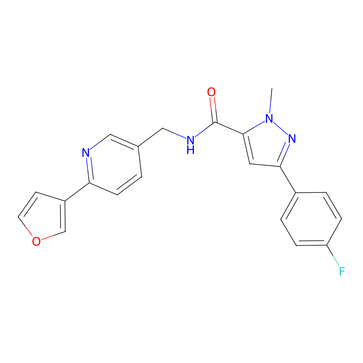 3-(4-fluorophenyl)-N-((6-(furan-3-yl)pyridin-3-yl)methyl)-1-methyl-1H-pyrazole-5-carboxamide molecular structure, CAS 2034386-93-9