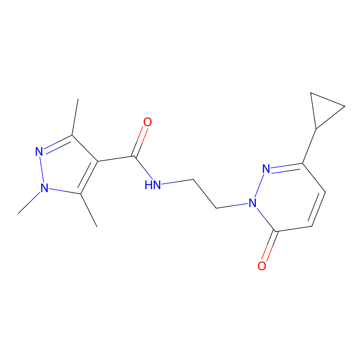 N-(2-(3-cyclopropyl-6-oxopyridazin-1(6H)-yl)ethyl)-1,3,5-trimethyl-1H-pyrazole-4-carboxamide molecular structure, CAS 2034386-96-2