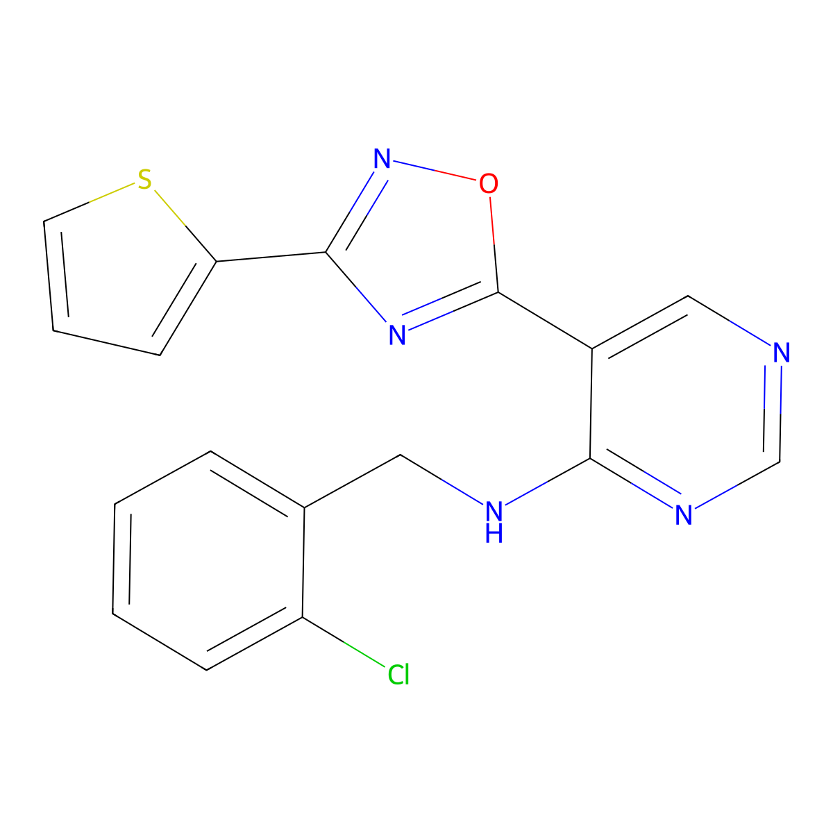 N-(2-chlorobenzyl)-5-(3-(thiophen-2-yl)-1,2,4-oxadiazol-5-yl)pyrimidin-4-amine molecular structure, CAS 2034387-14-7