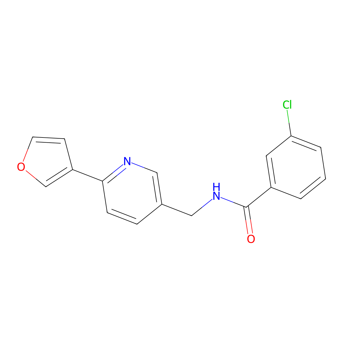 3-chloro-N-((6-(furan-3-yl)pyridin-3-yl)methyl)benzamide molecular structure, CAS 2034387-19-2