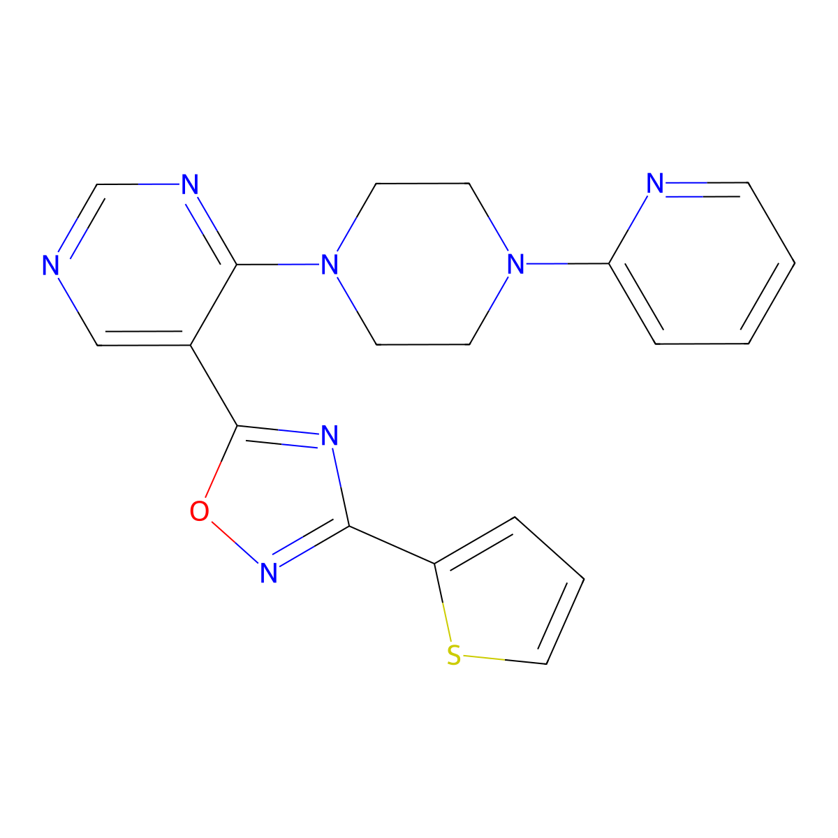 5-(4-(4-(Pyridin-2-yl)piperazin-1-yl)pyrimidin-5-yl)-3-(thiophen-2-yl)-1,2,4-oxadiazole molecular structure, CAS 2034387-22-7