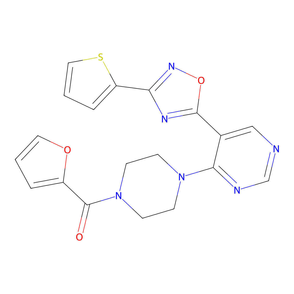 Furan-2-yl(4-(5-(3-(thiophen-2-yl)-1,2,4-oxadiazol-5-yl)pyrimidin-4-yl)piperazin-1-yl)methanone molecular structure, CAS 2034387-25-0