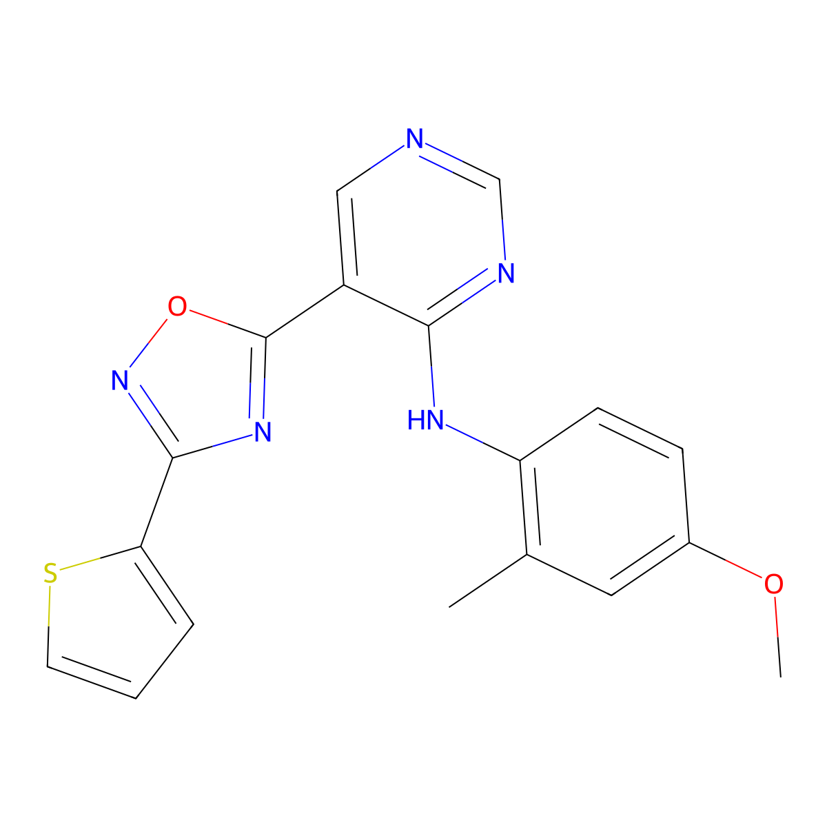 N-(4-methoxy-2-methylphenyl)-5-(3-(thiophen-2-yl)-1,2,4-oxadiazol-5-yl)pyrimidin-4-amine molecular structure, CAS 2034387-29-4