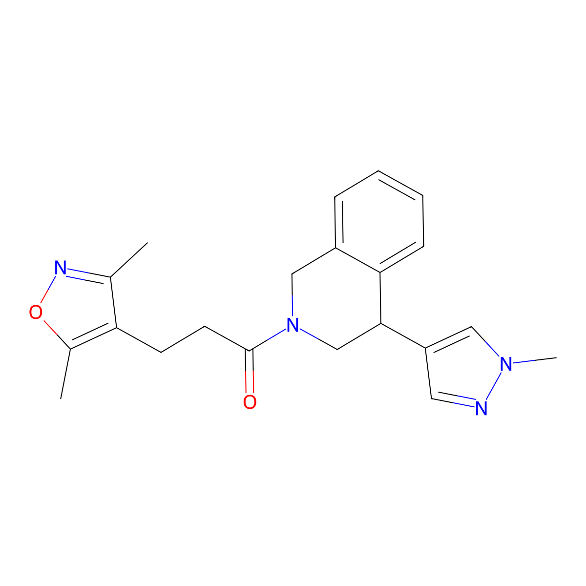 3-(3,5-dimethylisoxazol-4-yl)-1-(4-(1-methyl-1H-pyrazol-4-yl)-3,4-dihydroisoquinolin-2(1H)-yl)propan-1-one molecular structure, CAS 2034387-30-7