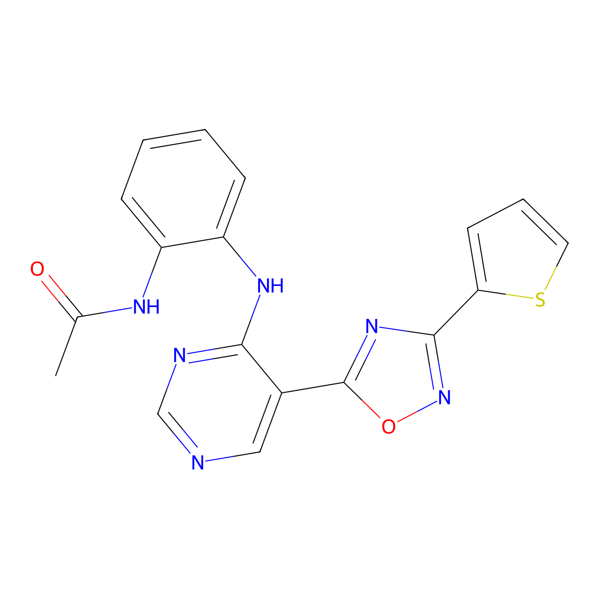 N-(2-((5-(3-(thiophen-2-yl)-1,2,4-oxadiazol-5-yl)pyrimidin-4-yl)amino)phenyl)acetamide molecular structure, CAS 2034387-31-8