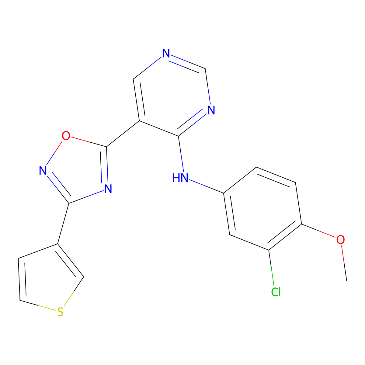 N-(3-chloro-4-methoxyphenyl)-5-(3-(thiophen-3-yl)-1,2,4-oxadiazol-5-yl)pyrimidin-4-amine molecular structure, CAS 2034387-45-4