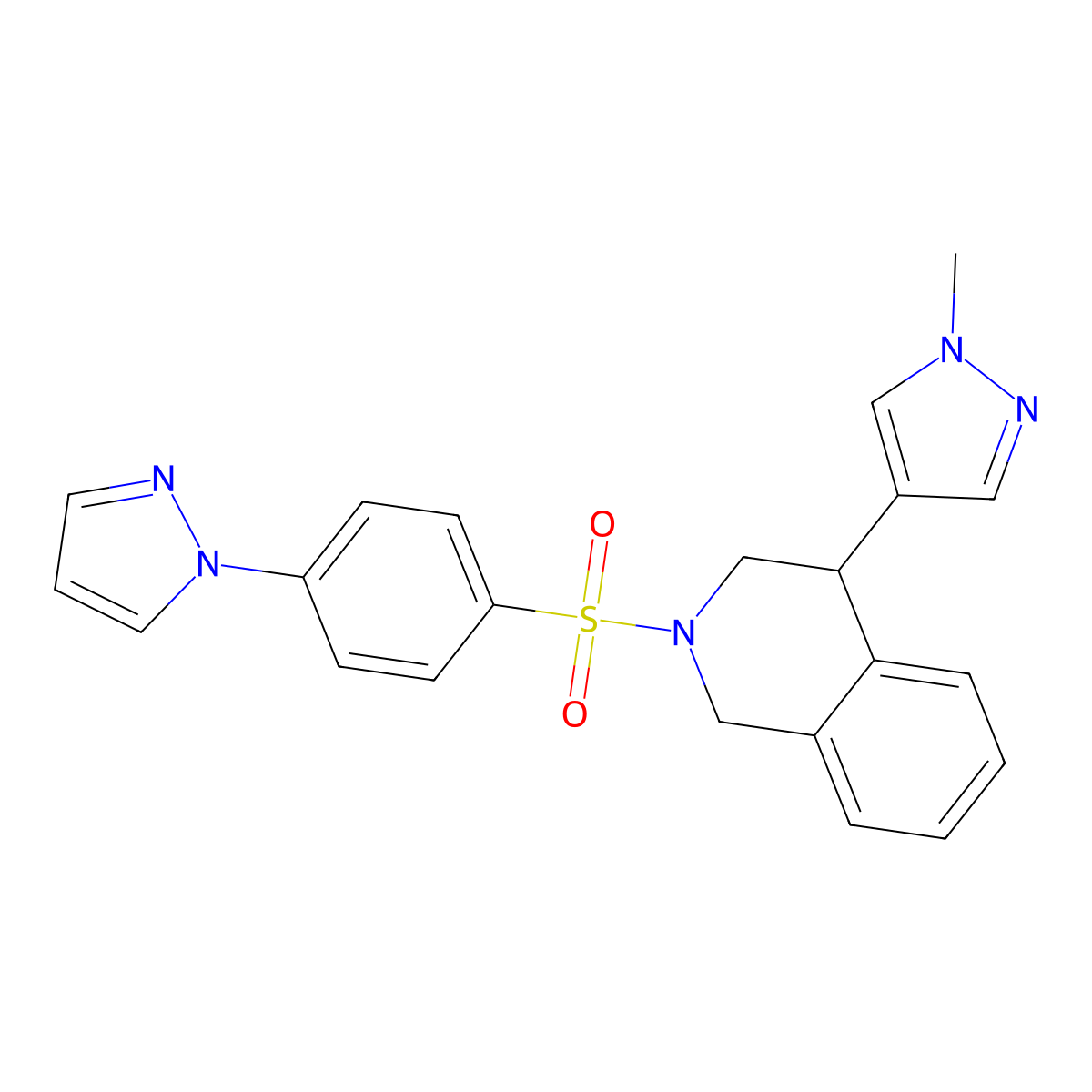 2-((4-(1H-pyrazol-1-yl)phenyl)sulfonyl)-4-(1-methyl-1H-pyrazol-4-yl)-1,2,3,4-tetrahydroisoquinoline molecular structure, CAS 2034387-50-1