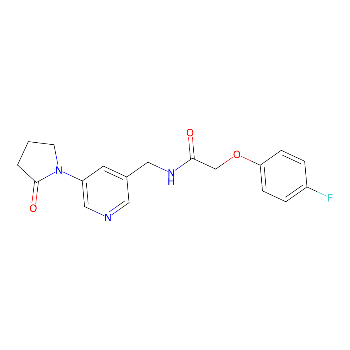 2-(4-fluorophenoxy)-N-{[5-(2-oxopyrrolidin-1-yl)pyridin-3-yl]methyl}acetamide molecular structure, CAS 2034387-69-2