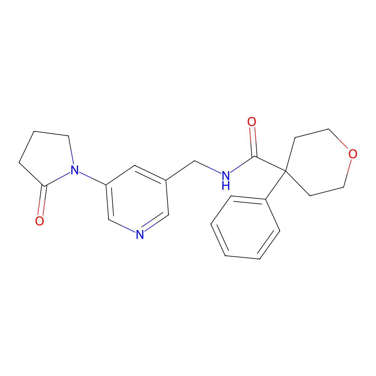 N-((5-(2-oxopyrrolidin-1-yl)pyridin-3-yl)methyl)-4-phenyltetrahydro-2H-pyran-4-carboxamide molecular structure, CAS 2034387-82-9
