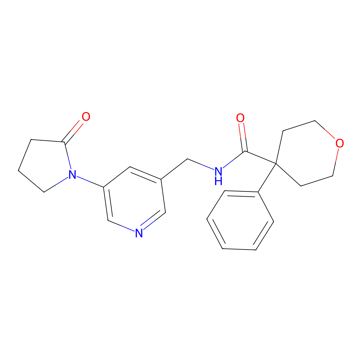 N-((5-(2-oxopyrrolidin-1-yl)pyridin-3-yl)methyl)-4-phenyltetrahydro-2H-pyran-4-carboxamide molecular structure, CAS 2034387-82-9