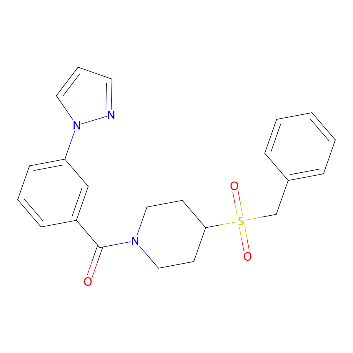 (3-(1H-pyrazol-1-yl)phenyl)(4-(benzylsulfonyl)piperidin-1-yl)methanone molecular structure, CAS 2034387-97-6