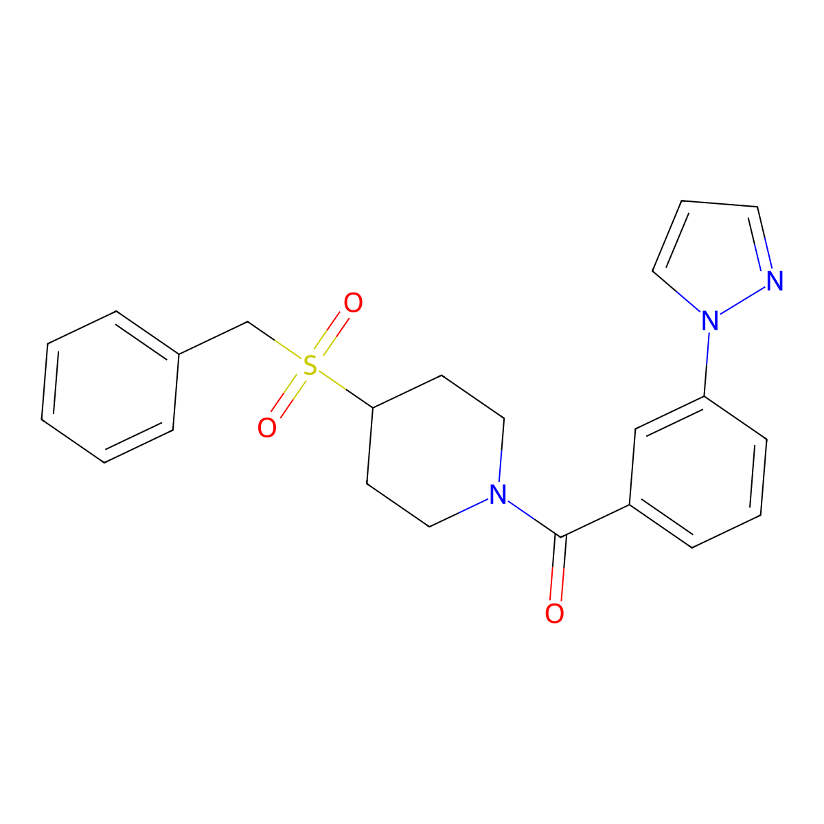 (3-(1H-pyrazol-1-yl)phenyl)(4-(benzylsulfonyl)piperidin-1-yl)methanone molecular structure, CAS 2034387-97-6