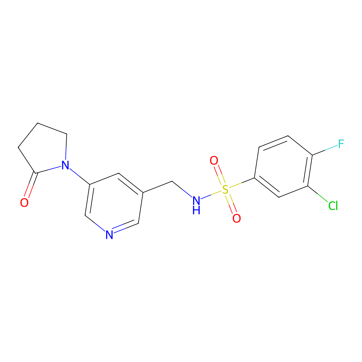 3-chloro-4-fluoro-N-((5-(2-oxopyrrolidin-1-yl)pyridin-3-yl)methyl)benzenesulfonamide molecular structure, CAS 2034388-26-4