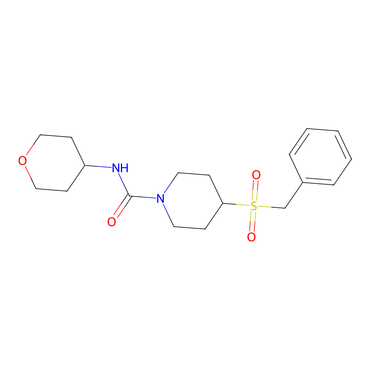 4-(benzylsulfonyl)-N-(tetrahydro-2H-pyran-4-yl)piperidine-1-carboxamide molecular structure, CAS 2034388-31-1