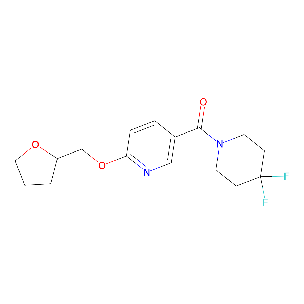 (4,4-Difluoropiperidin-1-yl)(6-((tetrahydrofuran-2-yl)methoxy)pyridin-3-yl)methanone molecular structure, CAS 2034388-52-6