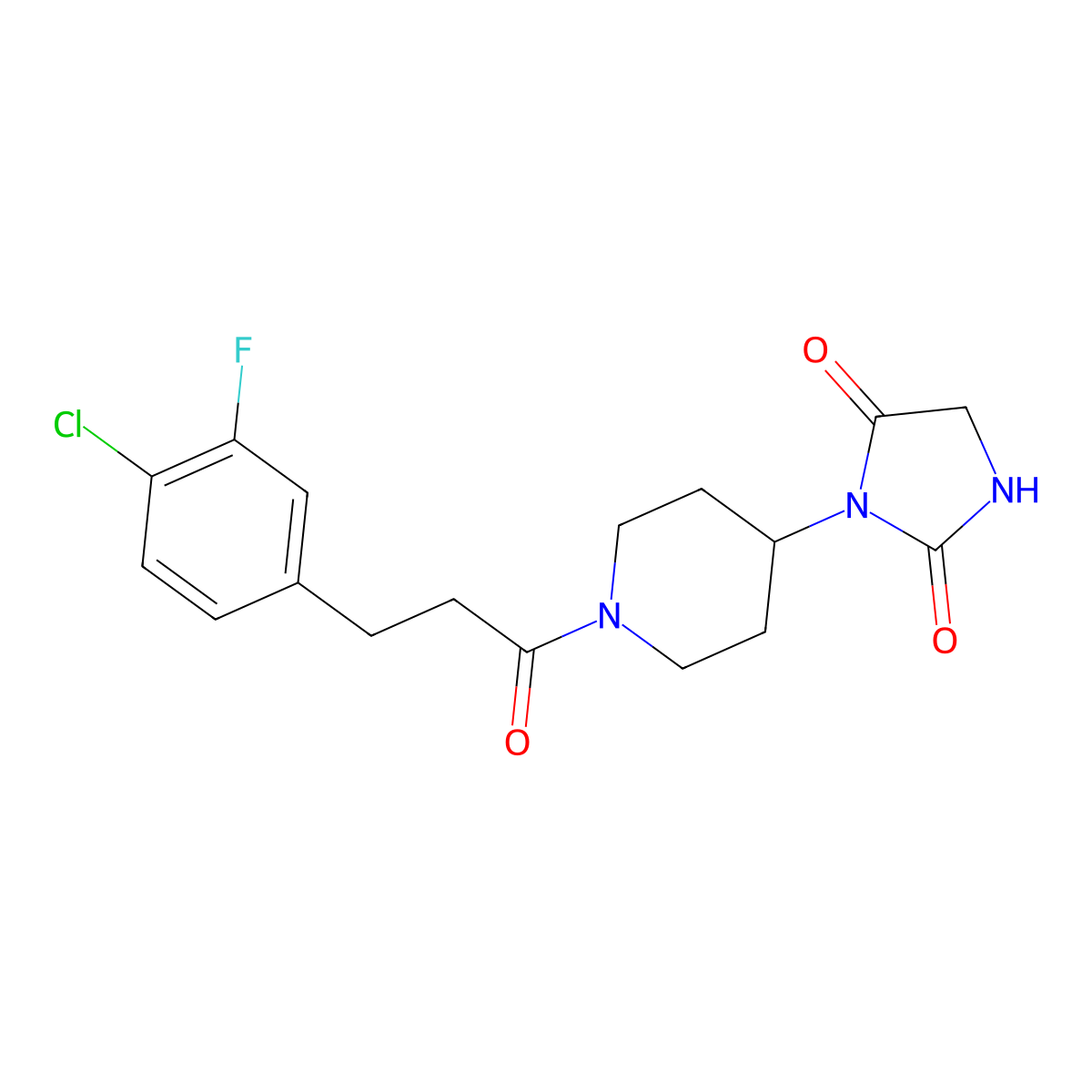 3-(1-(3-(4-Chloro-3-fluorophenyl)propanoyl)piperidin-4-yl)imidazolidine-2,4-dione molecular structure, CAS 2034388-56-0