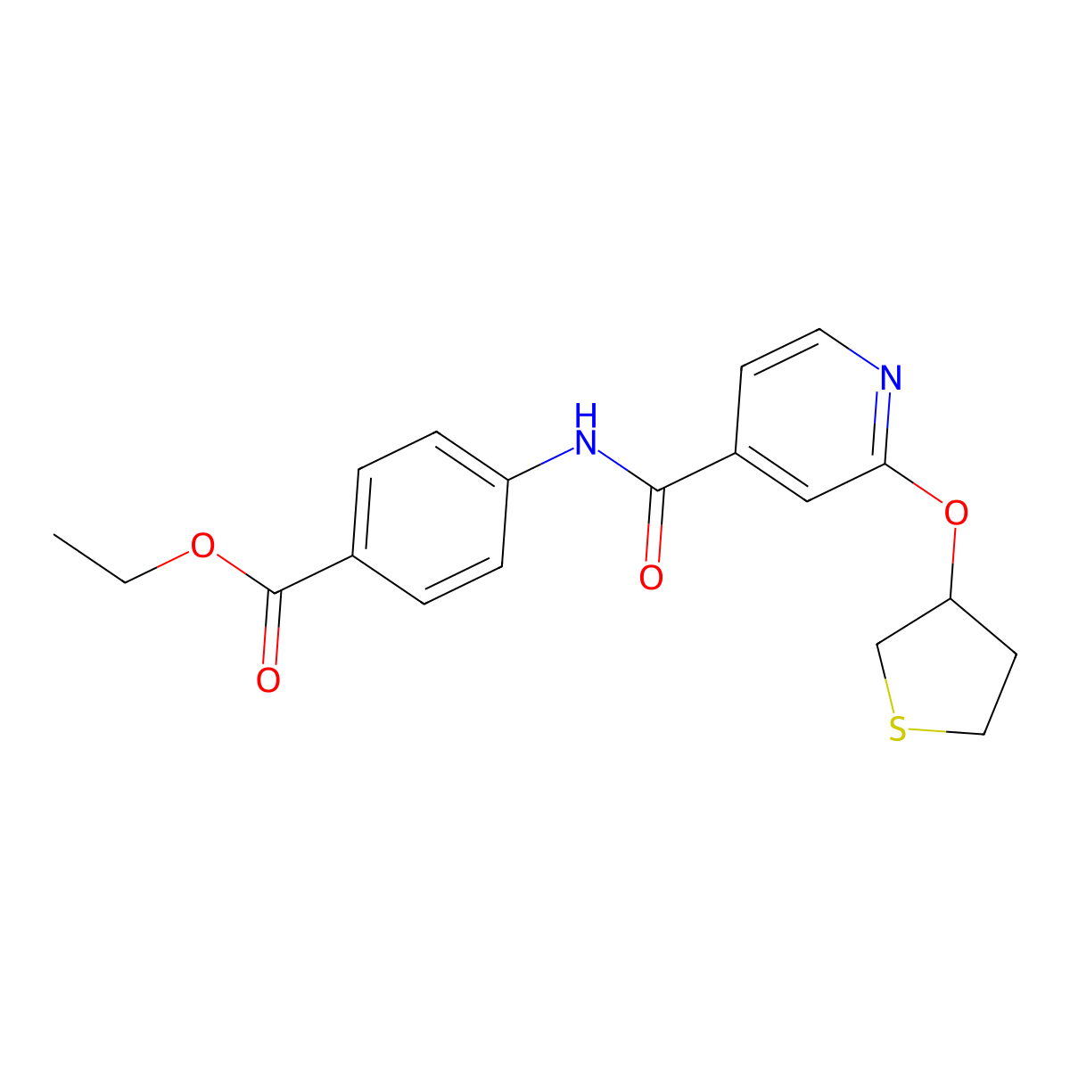 Ethyl 4-(2-((tetrahydrothiophen-3-yl)oxy)isonicotinamido)benzoate molecular structure, CAS 2034388-58-2