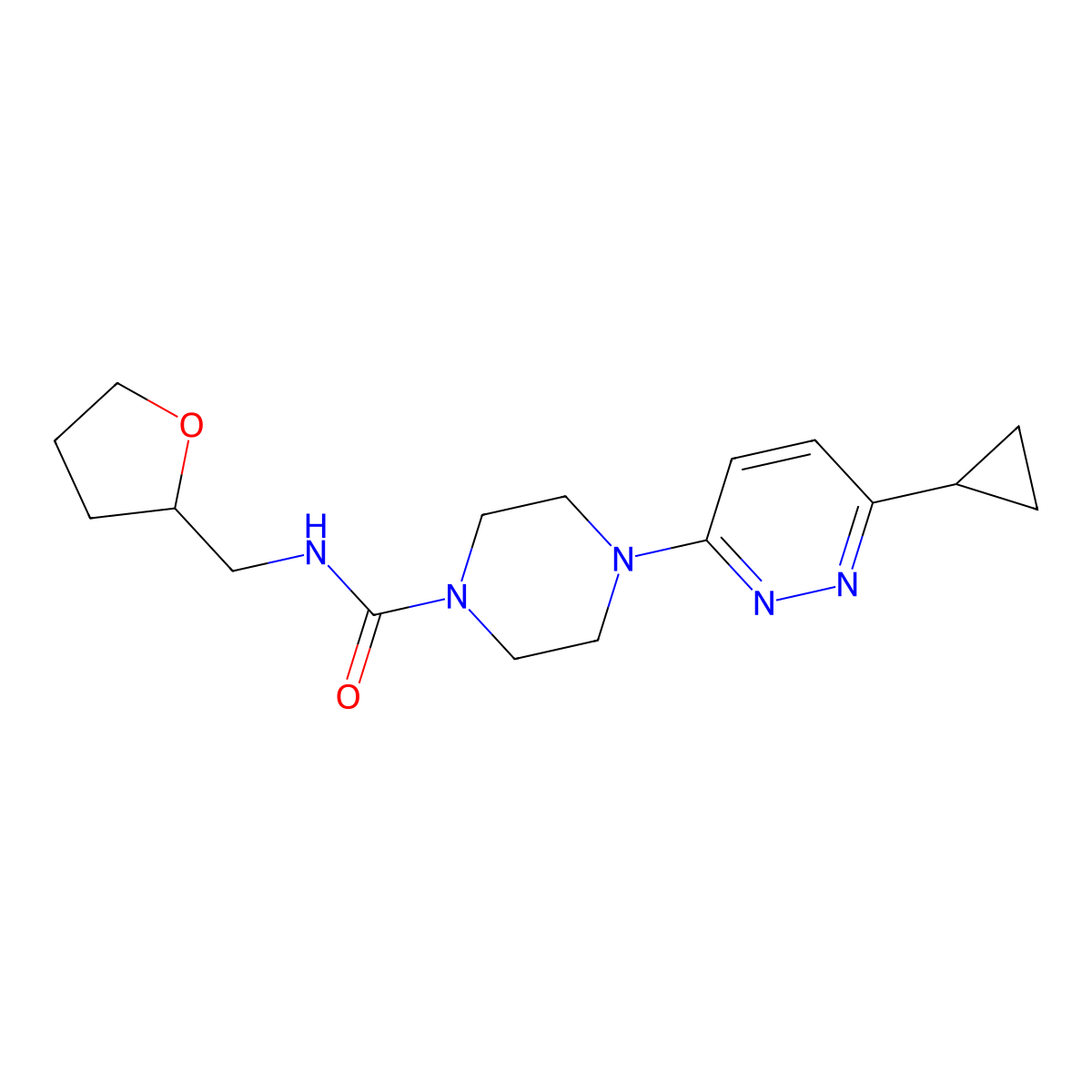 4-(6-cyclopropylpyridazin-3-yl)-N-((tetrahydrofuran-2-yl)methyl)piperazine-1-carboxamide molecular structure, CAS 2034388-60-6