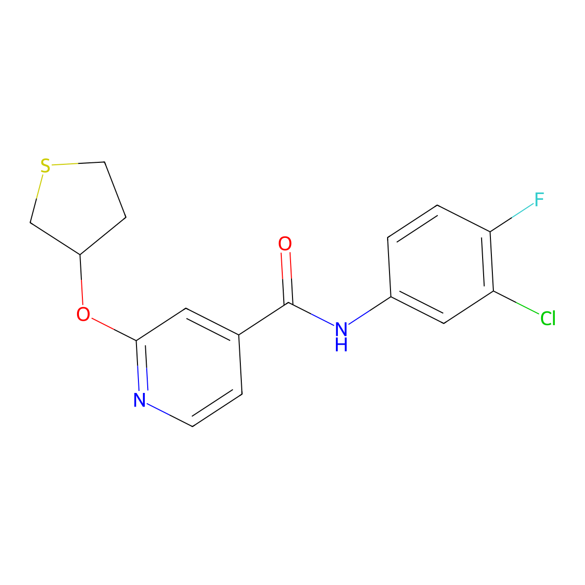 N-(3-chloro-4-fluorophenyl)-2-((tetrahydrothiophen-3-yl)oxy)isonicotinamide molecular structure, CAS 2034388-65-1