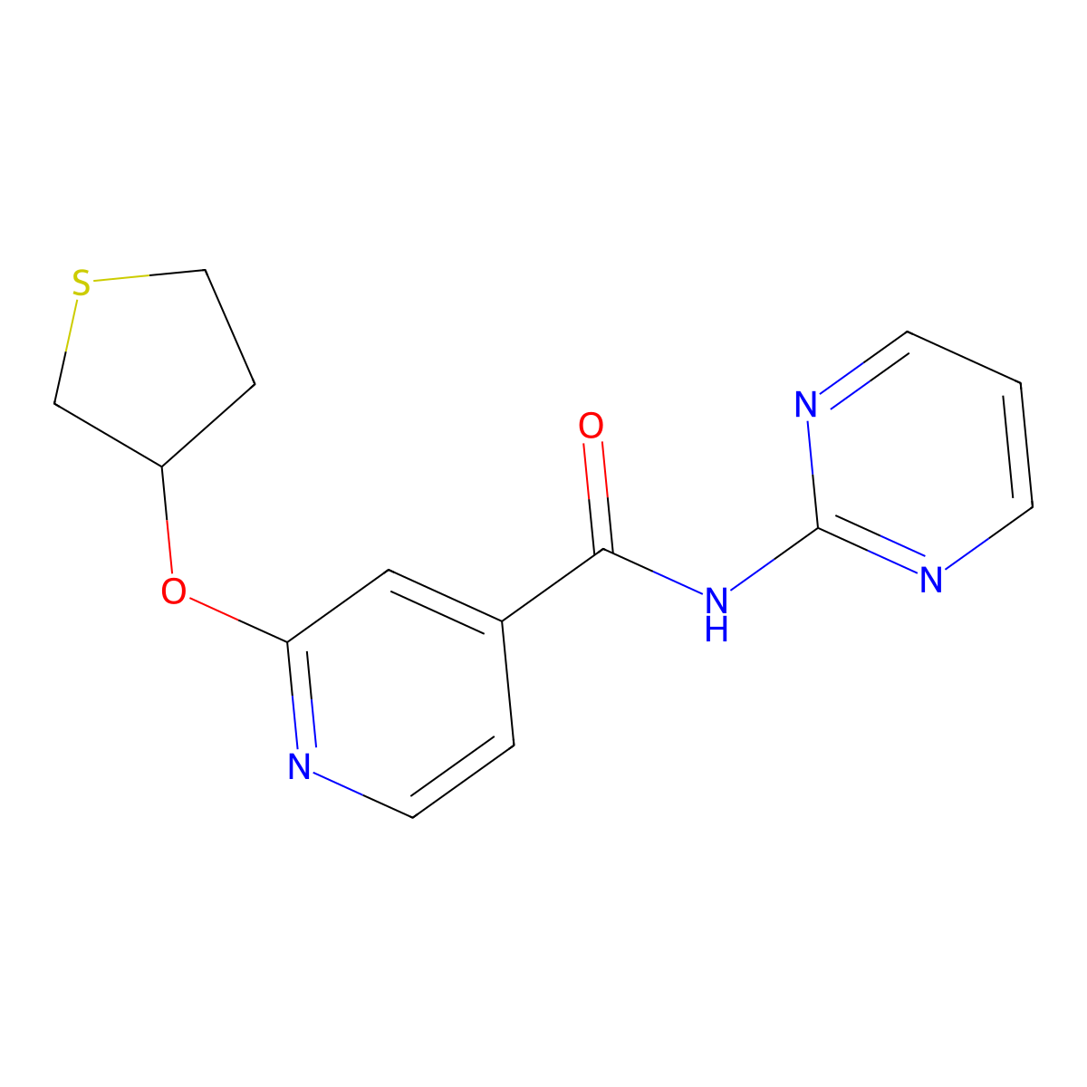 N-(pyrimidin-2-yl)-2-((tetrahydrothiophen-3-yl)oxy)isonicotinamide molecular structure, CAS 2034388-82-2
