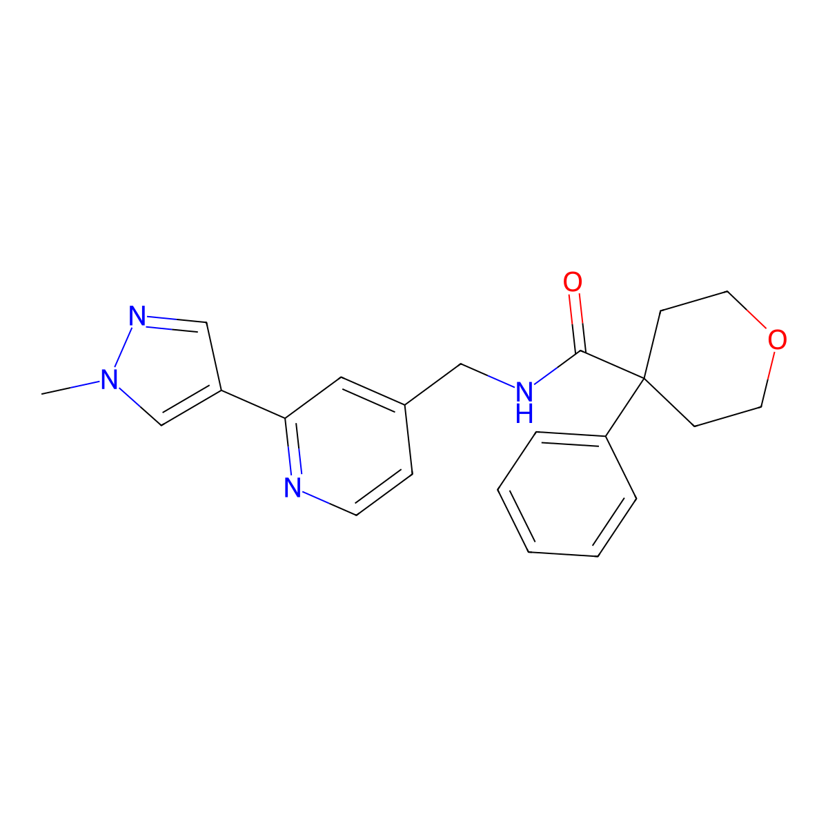 N-((2-(1-methyl-1H-pyrazol-4-yl)pyridin-4-yl)methyl)-4-phenyltetrahydro-2H-pyran-4-carboxamide molecular structure, CAS 2034388-87-7