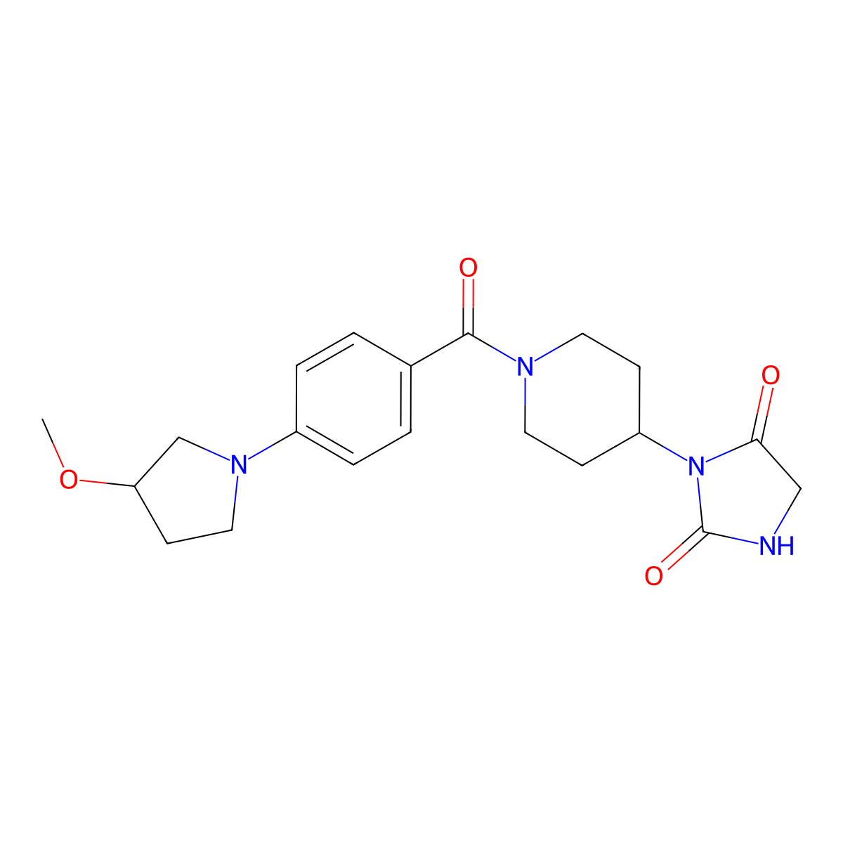 3-{1-[4-(3-Methoxypyrrolidin-1-yl)benzoyl]piperidin-4-yl}imidazolidine-2,4-dione molecular structure, CAS 2034388-90-2