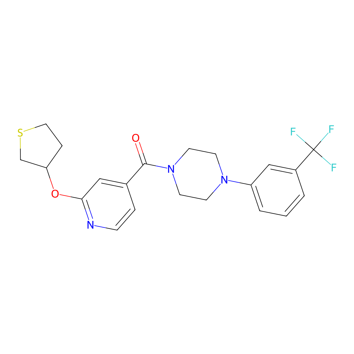 (2-((Tetrahydrothiophen-3-yl)oxy)pyridin-4-yl)(4-(3-(trifluoromethyl)phenyl)piperazin-1-yl)methanone molecular structure, CAS 2034388-97-9