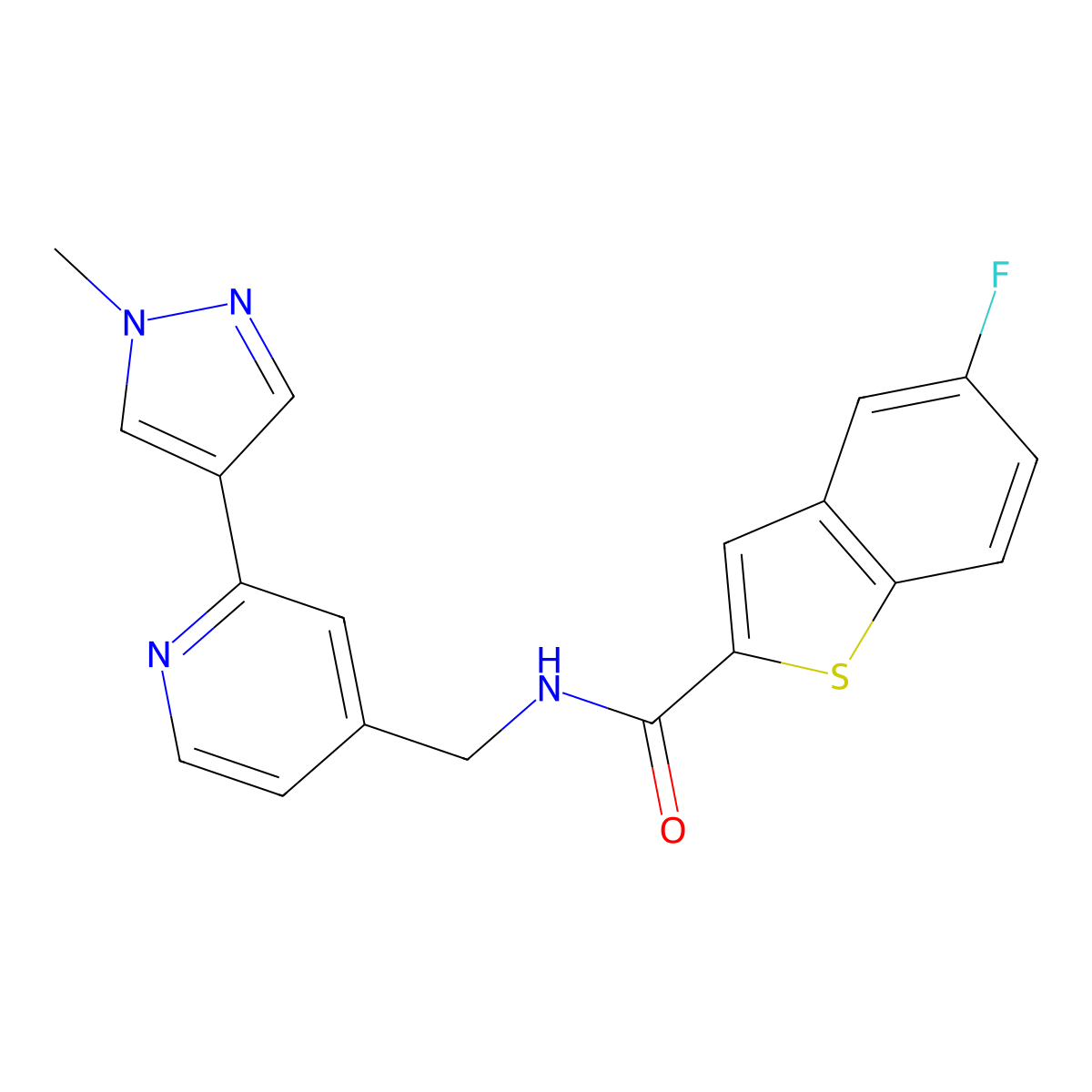 5-fluoro-N-((2-(1-methyl-1H-pyrazol-4-yl)pyridin-4-yl)methyl)benzo[b]thiophene-2-carboxamide molecular structure, CAS 2034389-07-4