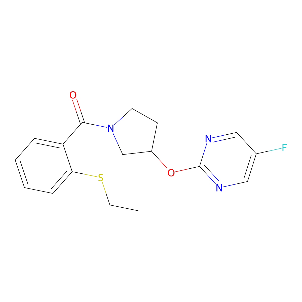 2-({1-[2-(Ethylsulfanyl)benzoyl]pyrrolidin-3-yl}oxy)-5-fluoropyrimidine molecular structure, CAS 2034389-16-5