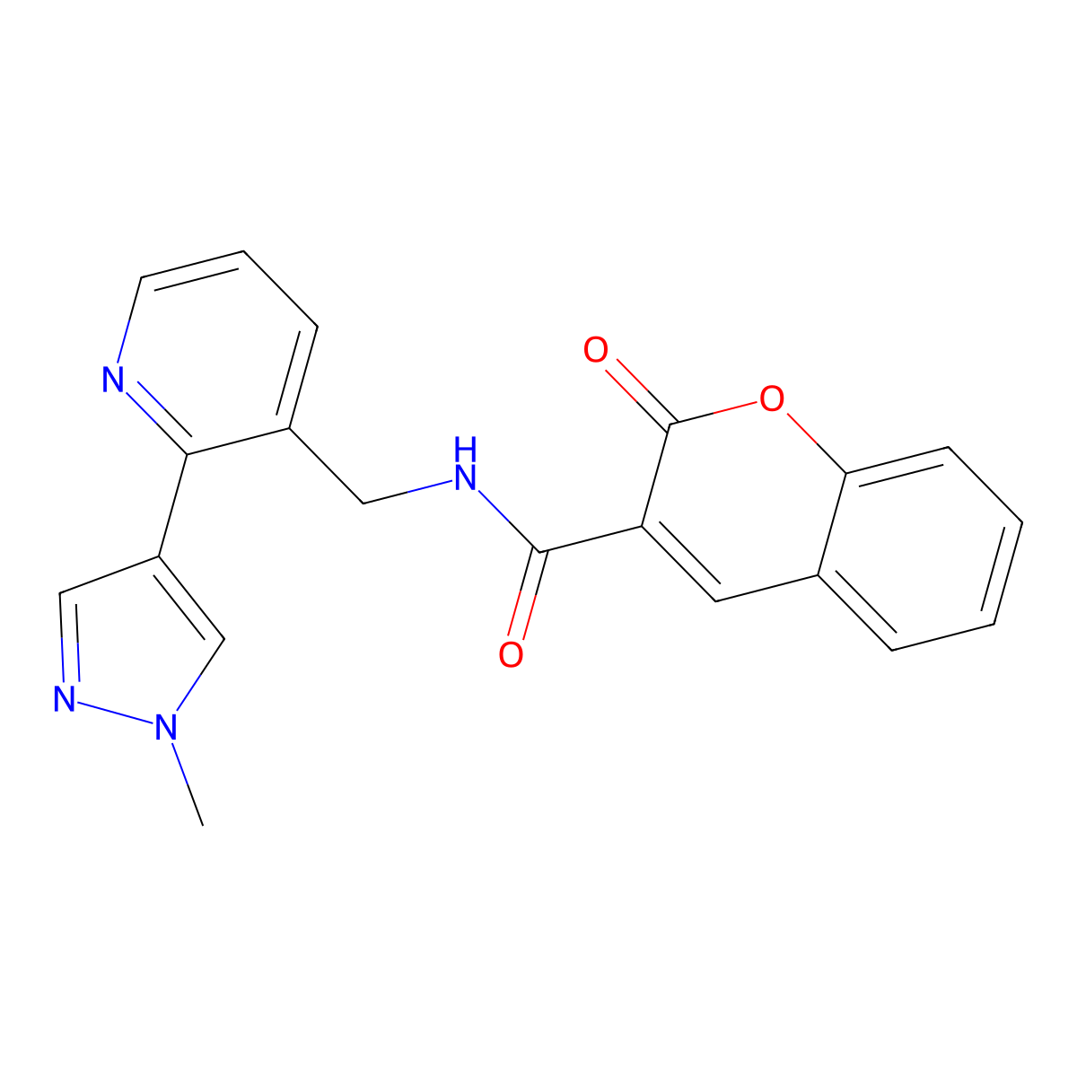 N-((2-(1-methyl-1H-pyrazol-4-yl)pyridin-3-yl)methyl)-2-oxo-2H-chromene-3-carboxamide molecular structure, CAS 2034389-40-5