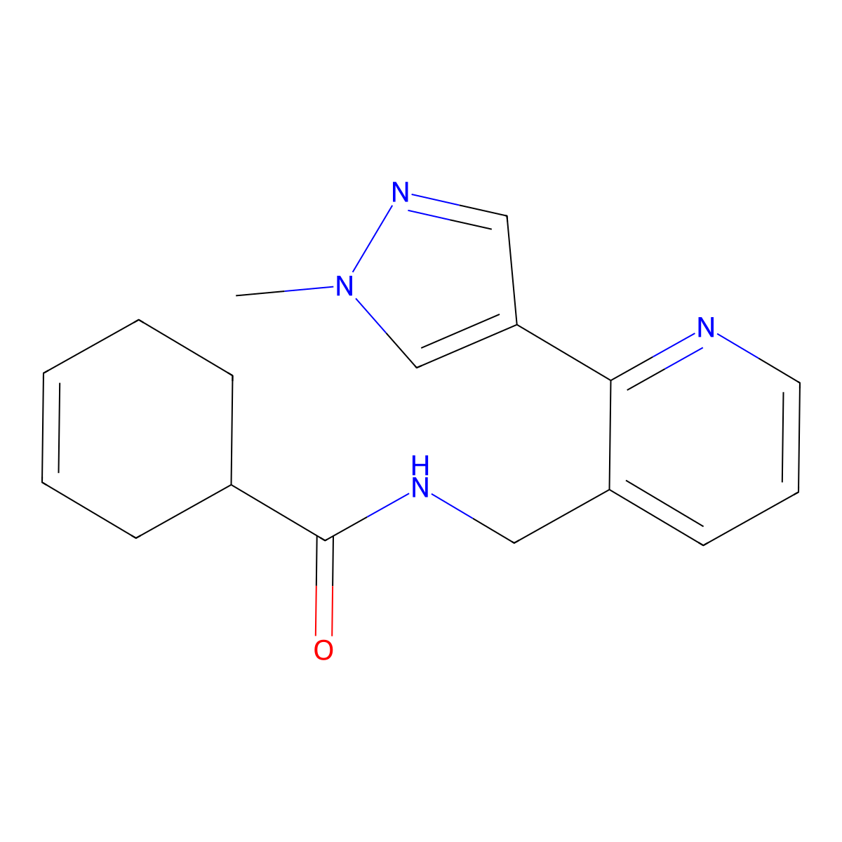 N-((2-(1-methyl-1H-pyrazol-4-yl)pyridin-3-yl)methyl)cyclohex-3-enecarboxamide molecular structure, CAS 2034389-53-0