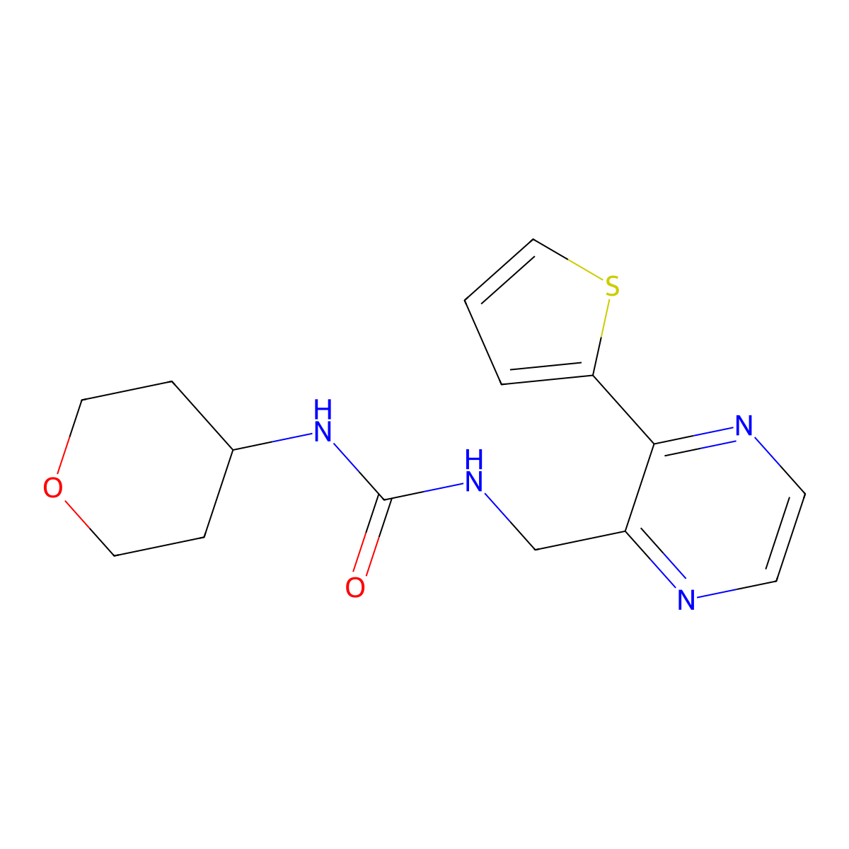 1-(tetrahydro-2H-pyran-4-yl)-3-((3-(thiophen-2-yl)pyrazin-2-yl)methyl)urea molecular structure, CAS 2034389-70-1