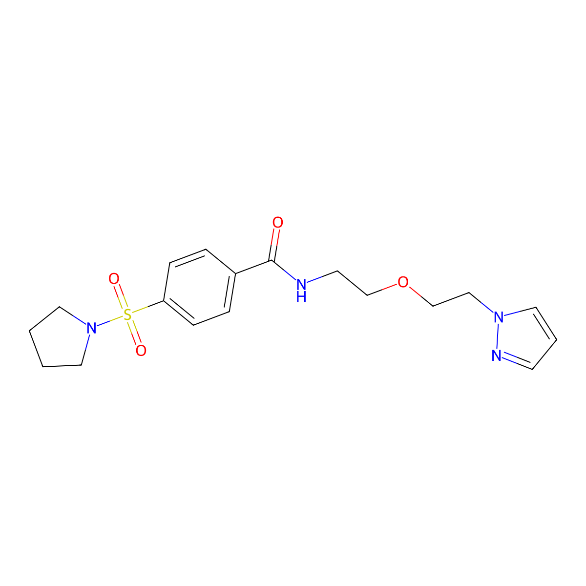 N-(2-(2-(1H-pyrazol-1-yl)ethoxy)ethyl)-4-(pyrrolidin-1-ylsulfonyl)benzamide molecular structure, CAS 2034389-81-4