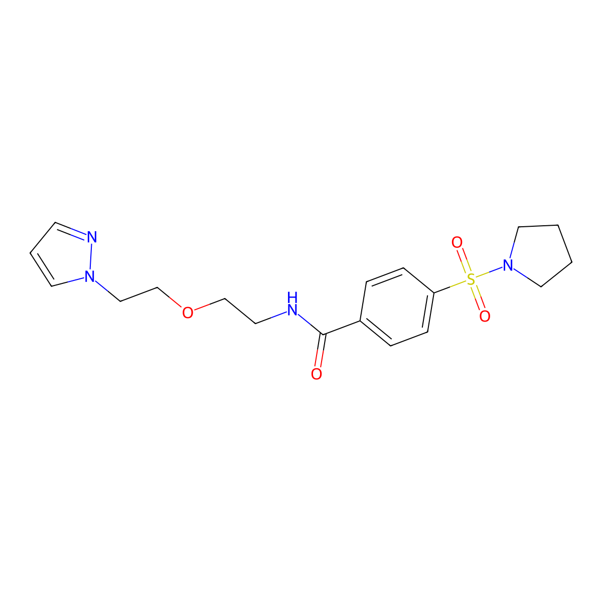 N-(2-(2-(1H-pyrazol-1-yl)ethoxy)ethyl)-4-(pyrrolidin-1-ylsulfonyl)benzamide molecular structure, CAS 2034389-81-4
