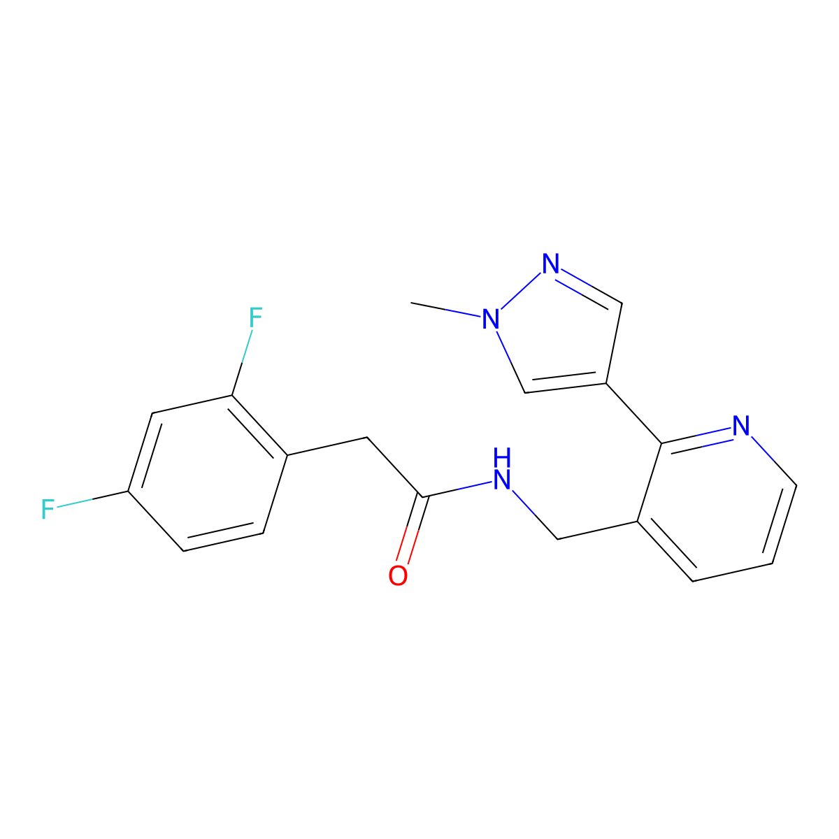 2-(2,4-difluorophenyl)-N-{[2-(1-methyl-1H-pyrazol-4-yl)pyridin-3-yl]methyl}acetamide molecular structure, CAS 2034389-88-1
