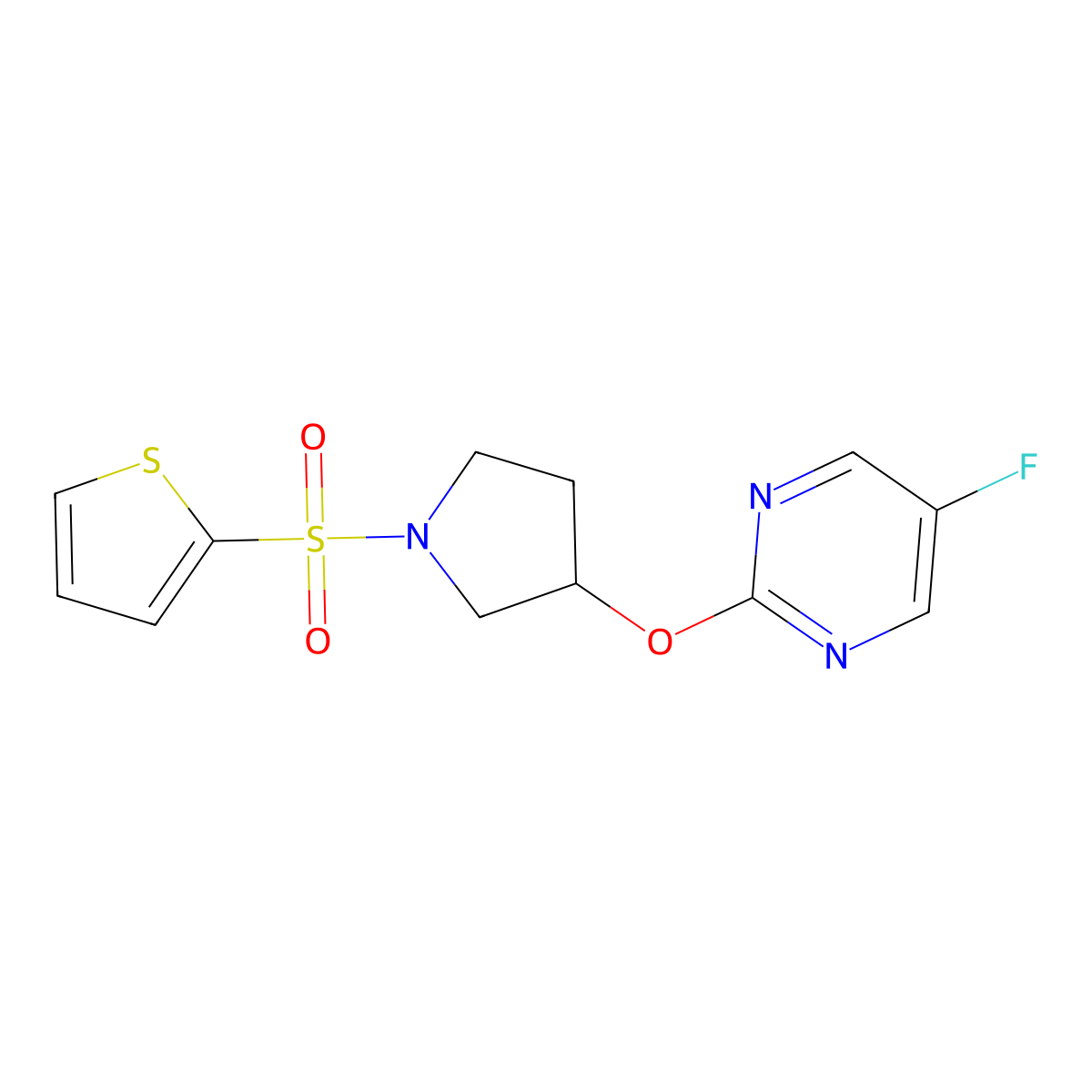 5-Fluoro-2-((1-(thiophen-2-ylsulfonyl)pyrrolidin-3-yl)oxy)pyrimidine molecular structure, CAS 2034390-05-9