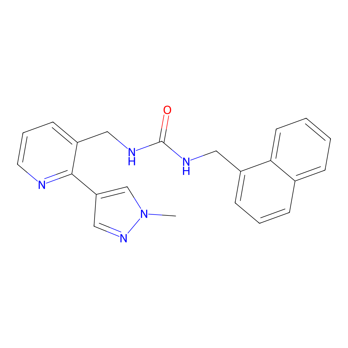 1-((2-(1-methyl-1H-pyrazol-4-yl)pyridin-3-yl)methyl)-3-(naphthalen-1-ylmethyl)urea molecular structure, CAS 2034390-11-7