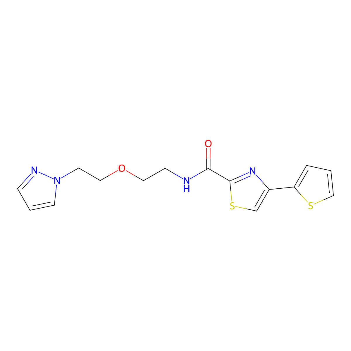 N-(2-(2-(1H-pyrazol-1-yl)ethoxy)ethyl)-4-(thiophen-2-yl)thiazole-2-carboxamide molecular structure, CAS 2034390-14-0