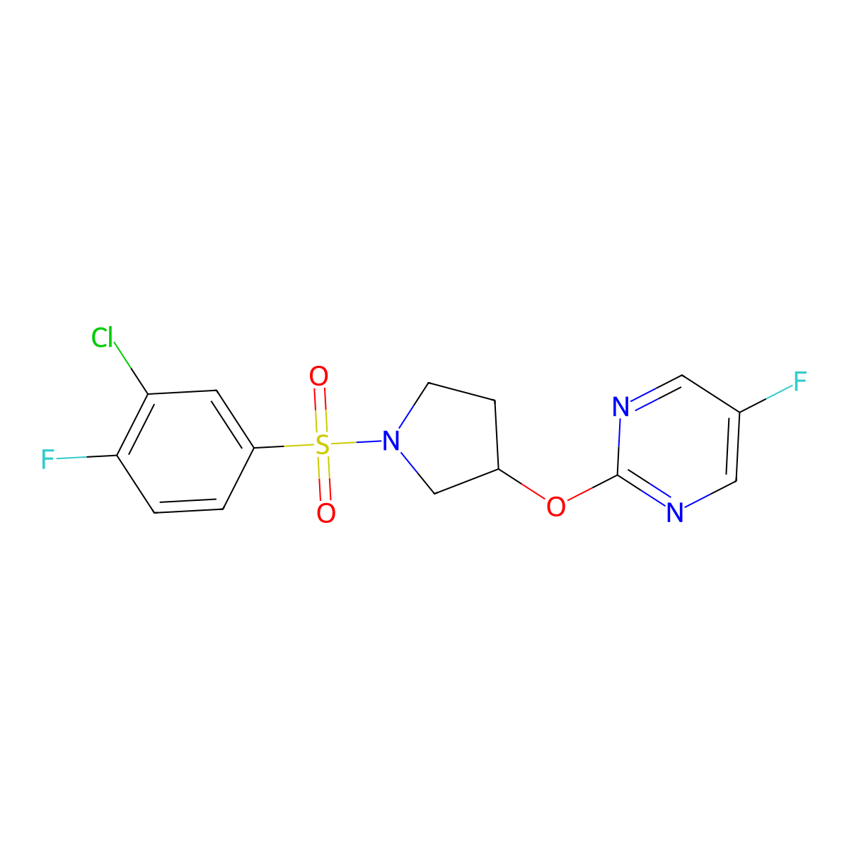 2-((1-((3-Chloro-4-fluorophenyl)sulfonyl)pyrrolidin-3-yl)oxy)-5-fluoropyrimidine molecular structure, CAS 2034390-15-1