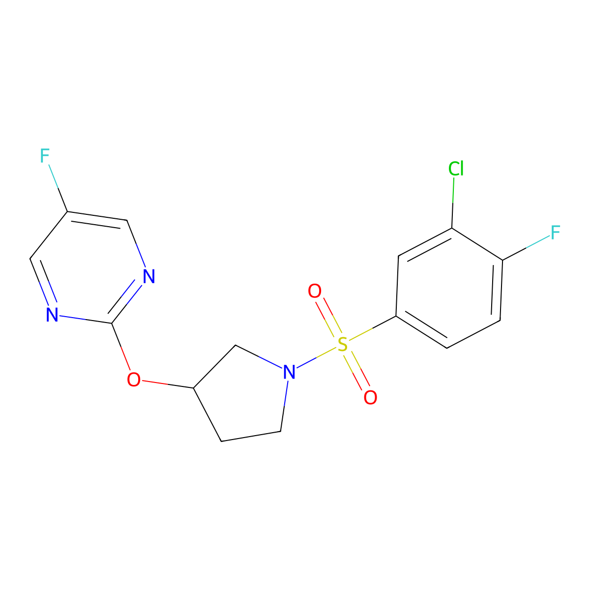 2-((1-((3-Chloro-4-fluorophenyl)sulfonyl)pyrrolidin-3-yl)oxy)-5-fluoropyrimidine molecular structure, CAS 2034390-15-1