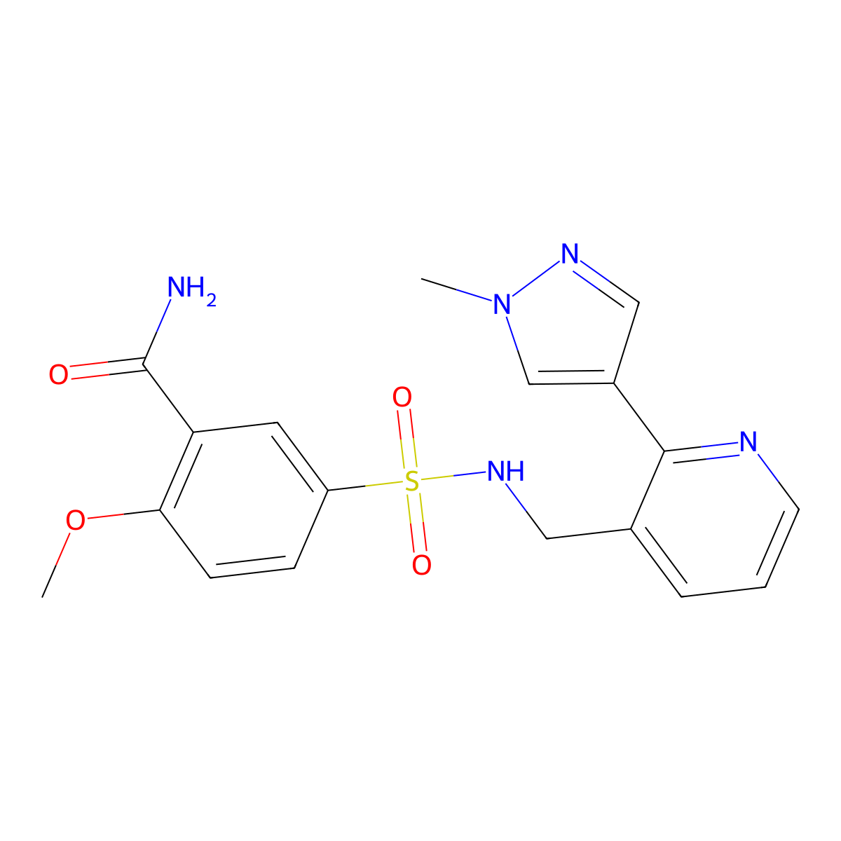 2-methoxy-5-(N-((2-(1-methyl-1H-pyrazol-4-yl)pyridin-3-yl)methyl)sulfamoyl)benzamide molecular structure, CAS 2034390-36-6