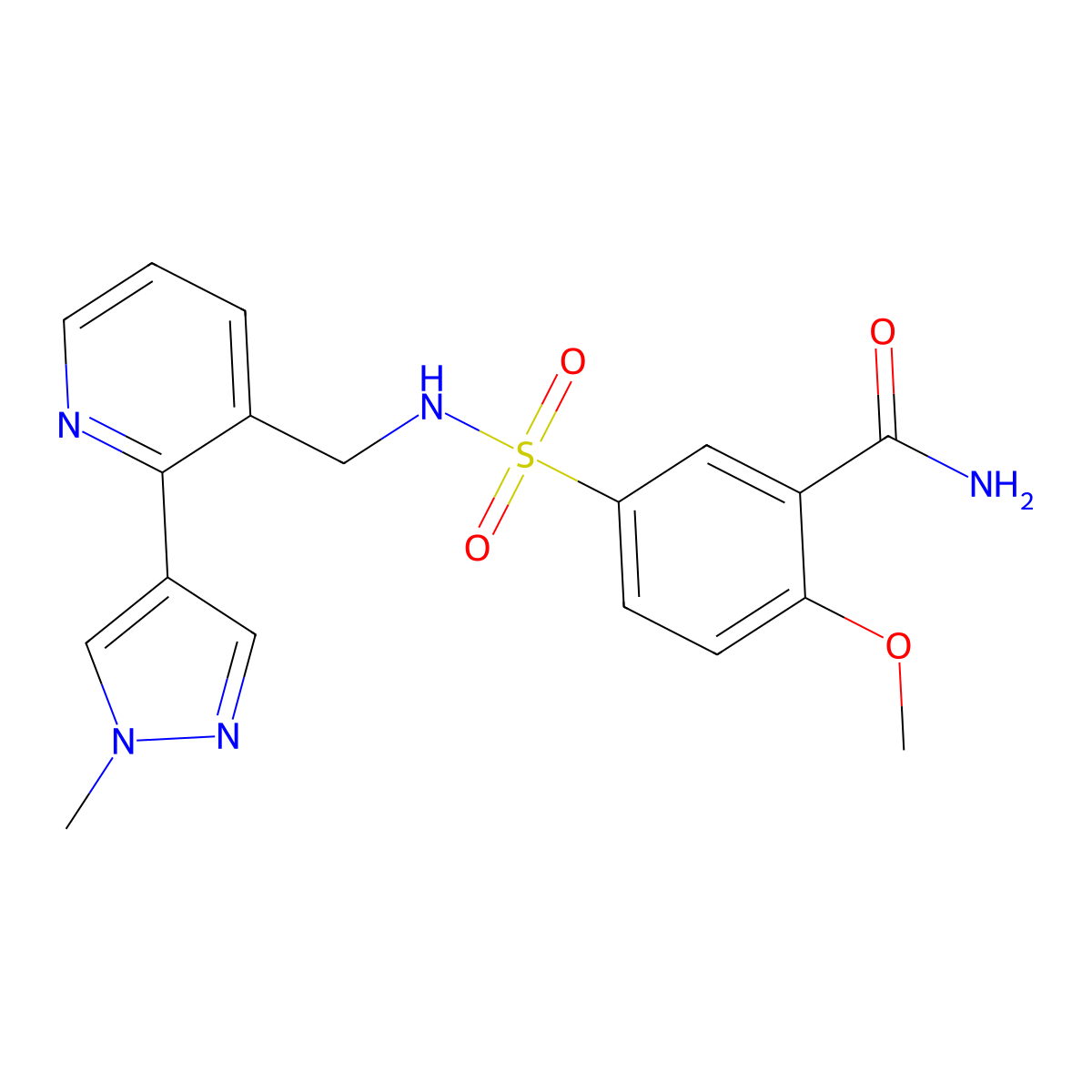 2-methoxy-5-(N-((2-(1-methyl-1H-pyrazol-4-yl)pyridin-3-yl)methyl)sulfamoyl)benzamide molecular structure, CAS 2034390-36-6