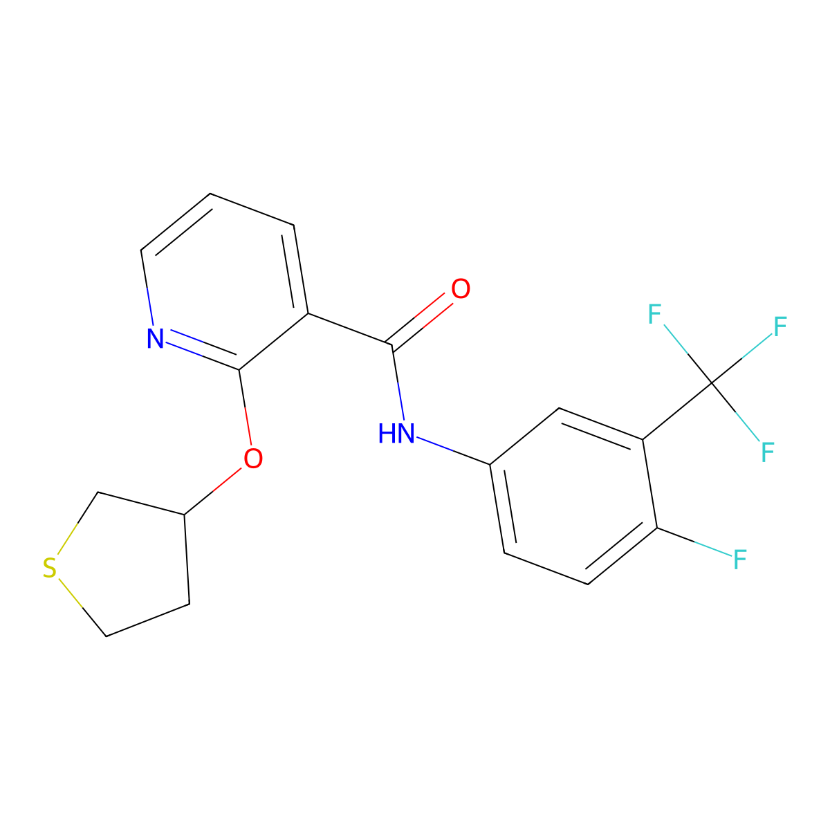 N-(4-fluoro-3-(trifluoromethyl)phenyl)-2-((tetrahydrothiophen-3-yl)oxy)nicotinamide molecular structure, CAS 2034390-49-1